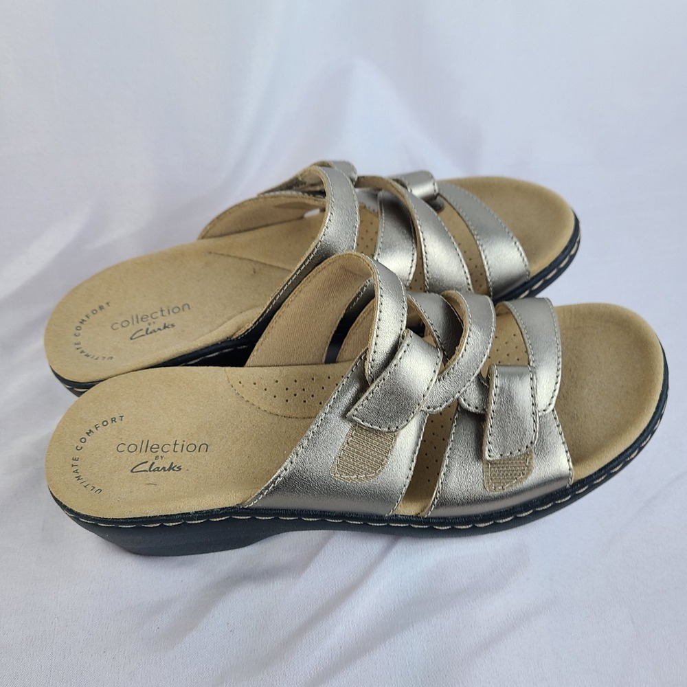 Clarks Merliah Karli Silver Metallic Leather Slip On Mule Sandals Womens 6 M